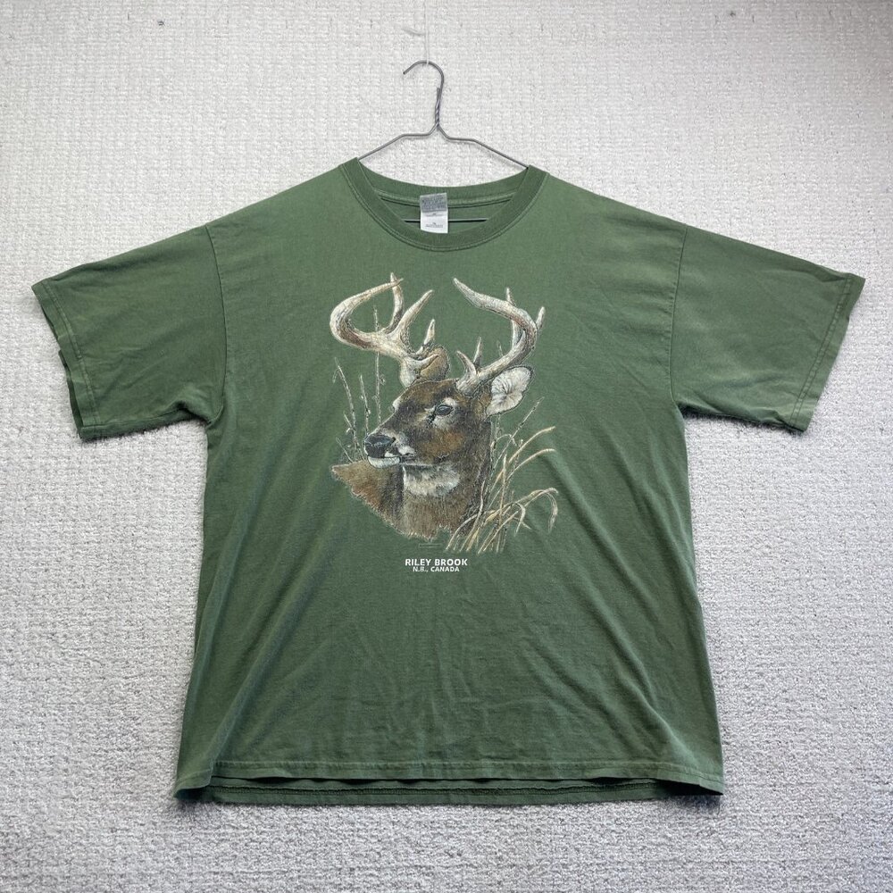 Vintage Deer Wildlife Graphic T-Shirt Mens XL Forest Green Riley Brook NB Canada